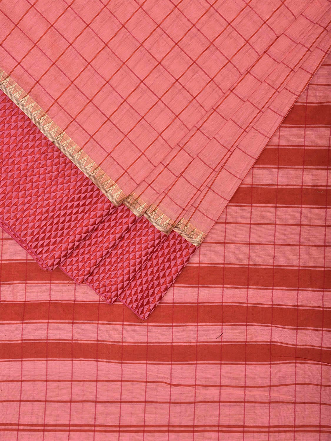 Peach and Red Bamboo Cotton Saree with Big Checks Design No Blouse bc0622