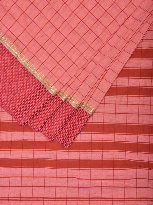 Peach and Red Bamboo Cotton Saree with Big Checks Design No Blouse bc0622