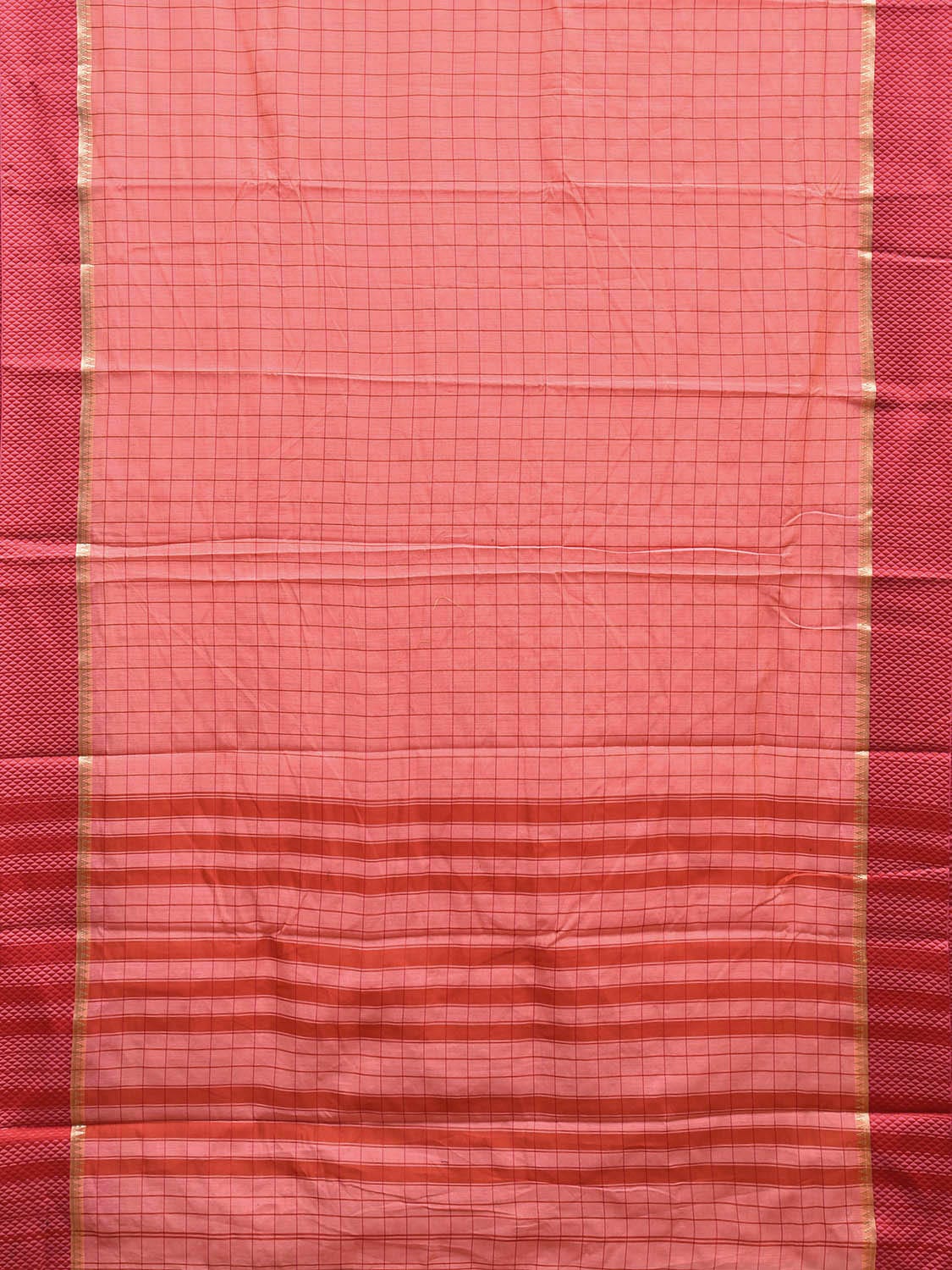 Peach and Red Bamboo Cotton Saree with Big Checks Design No Blouse bc0622