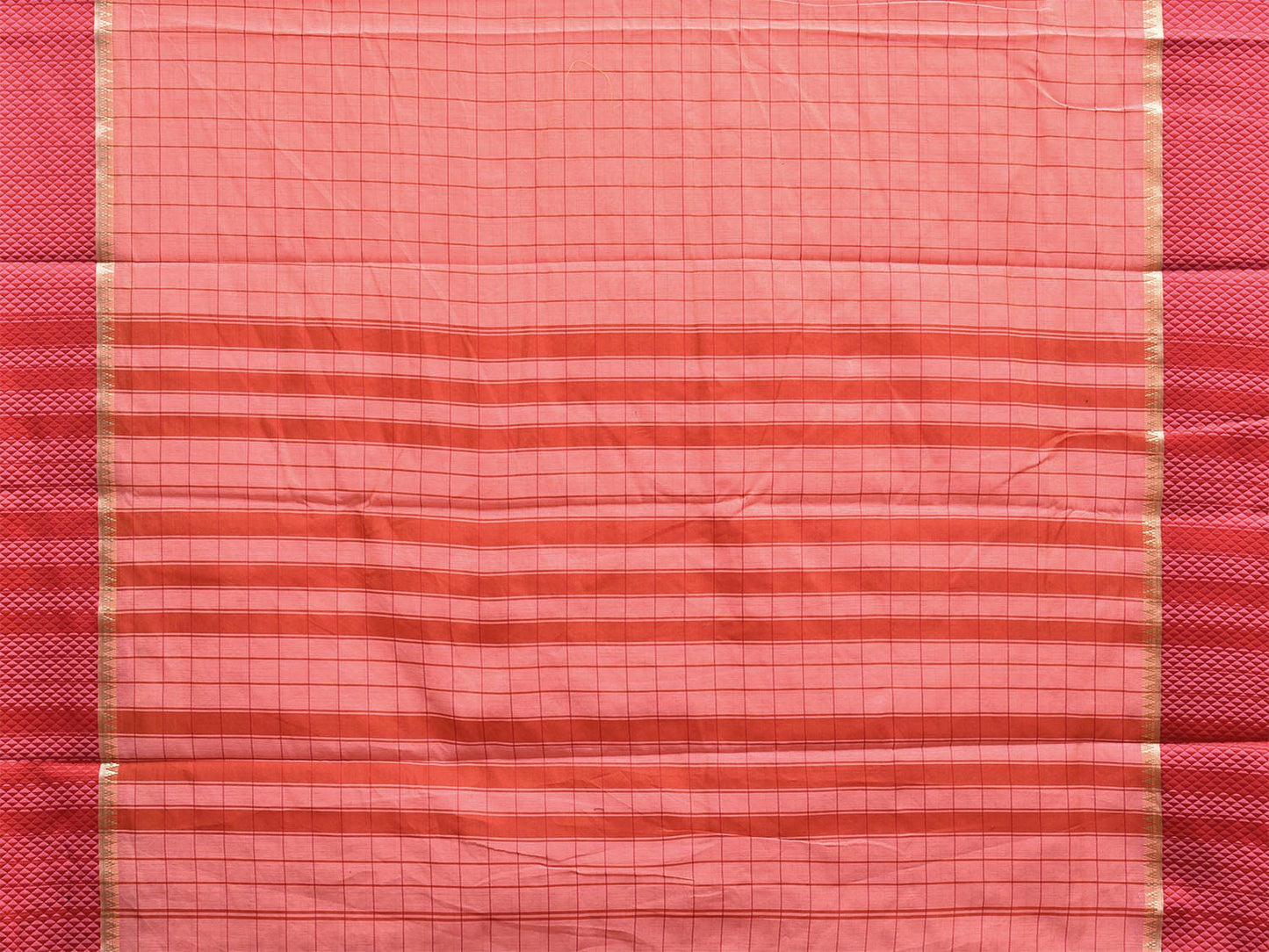 Peach and Red Bamboo Cotton Saree with Big Checks Design No Blouse bc0622