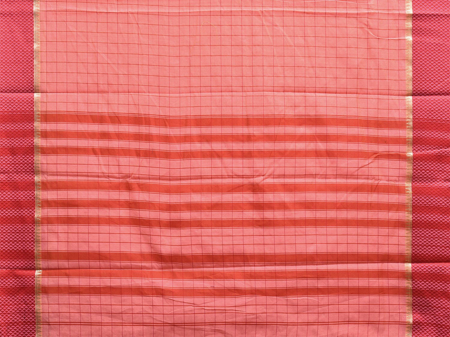 Peach and Red Bamboo Cotton Saree with Big Checks Design No Blouse bc0622
