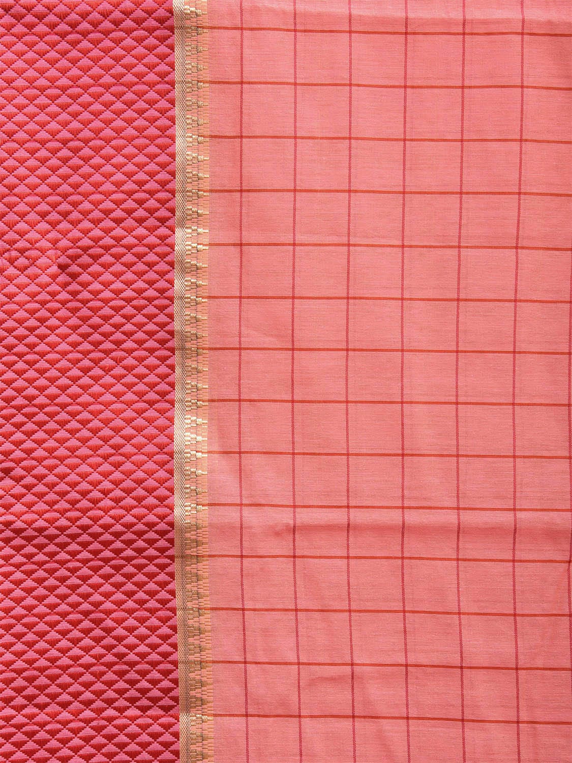 Peach and Red Bamboo Cotton Saree with Big Checks Design No Blouse bc0622