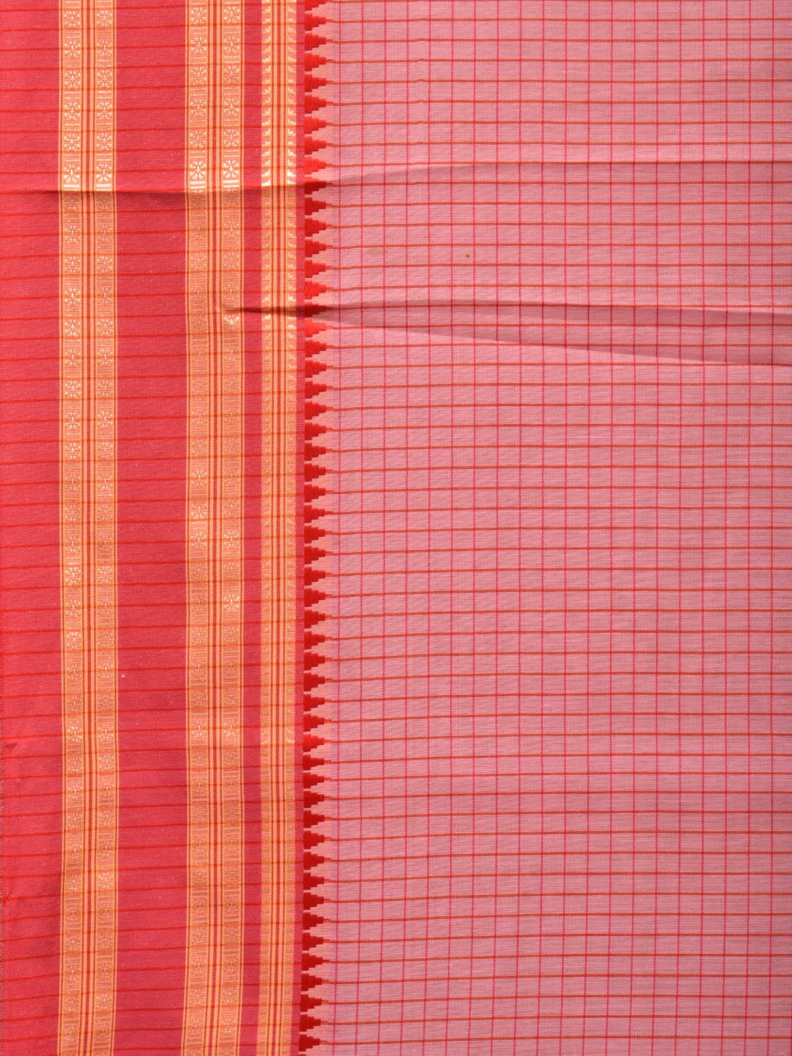 Peach and Red Bamboo Cotton Saree with Checks Design No Blouse bc0253