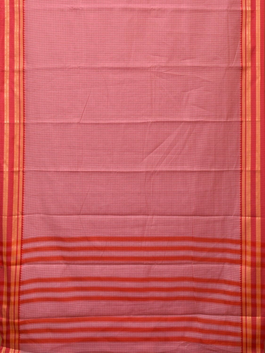 Peach and Red Bamboo Cotton Saree with Checks Design No Blouse bc0253