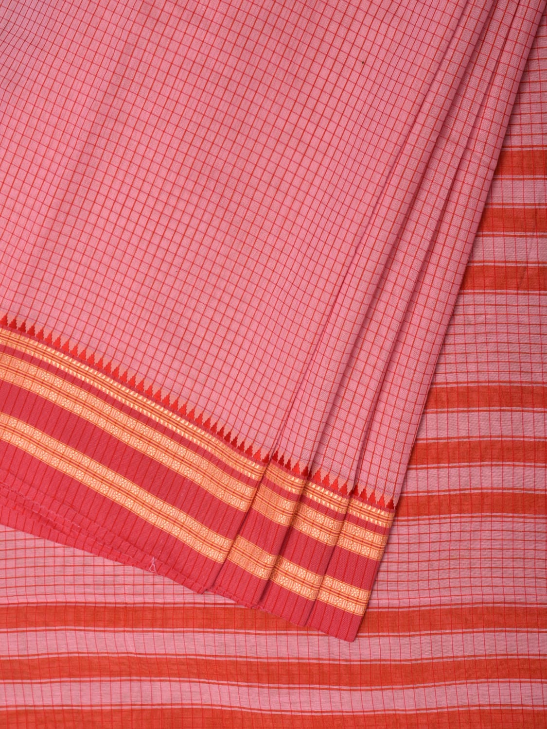 Peach and Red Bamboo Cotton Saree with Checks Design No Blouse bc0253