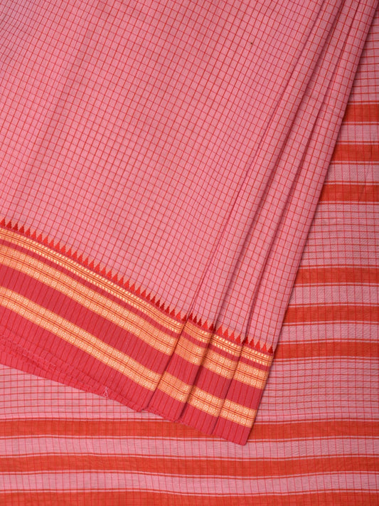 Peach and Red Bamboo Cotton Saree with Checks Design No Blouse bc0253