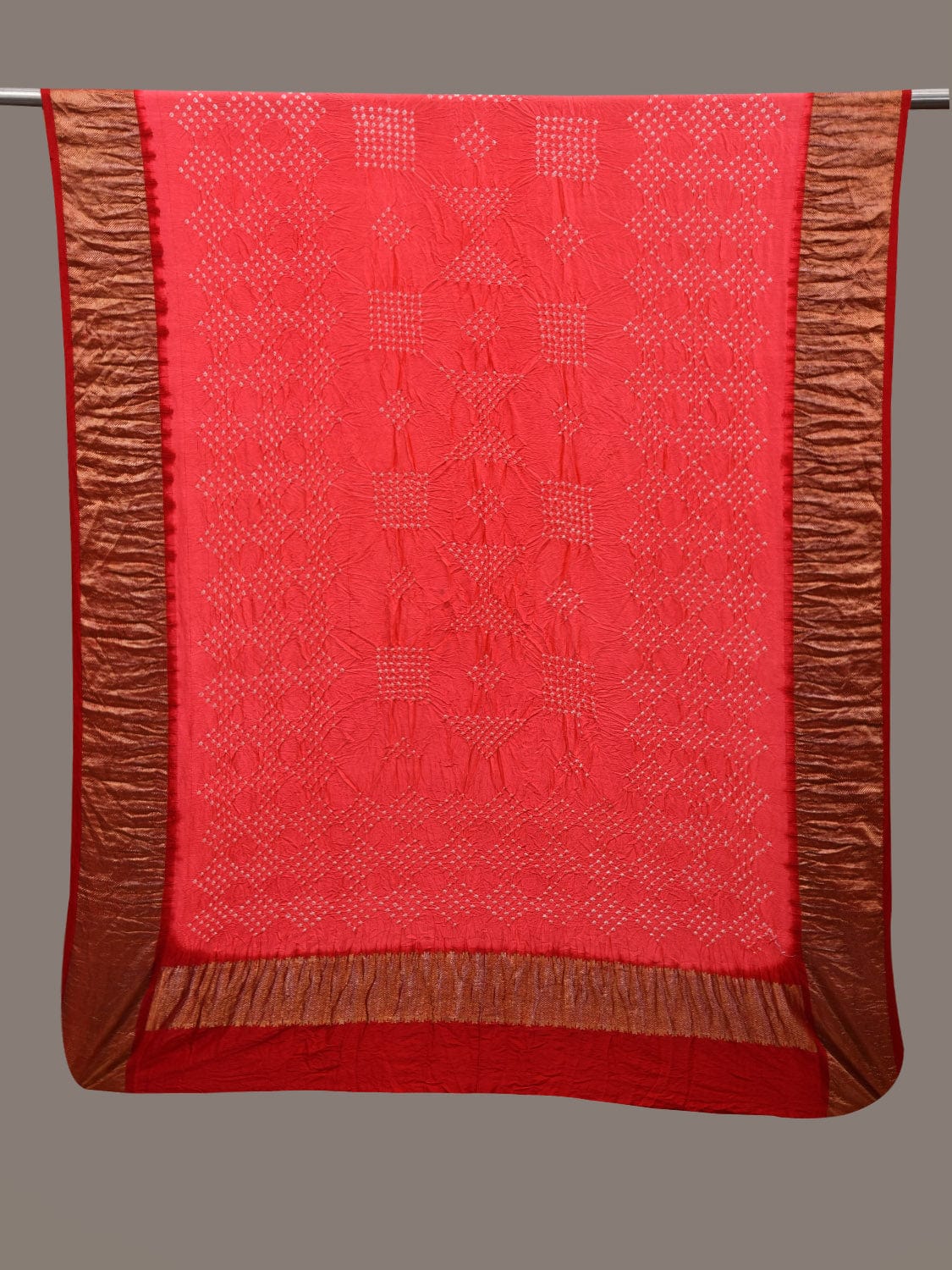 Peach and Red Bandhani Kanchipuram Silk Handloom Dupatta with Border Design ds2799