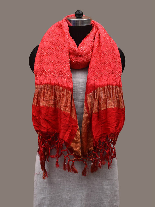 Peach and Red Bandhani Kanchipuram Silk Handloom Dupatta with Border Design ds2799