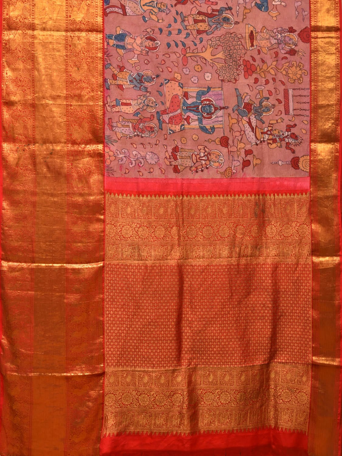 Peach and Red Kalamkari Hand Painted Kanchipuram Silk Handloom Saree with Dashavatar Design KL0744