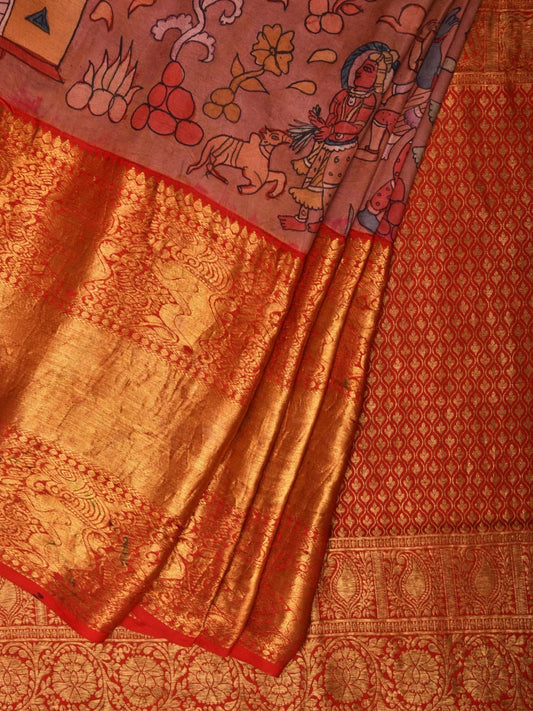 Peach and Red Kalamkari Hand Painted Kanchipuram Silk Handloom Saree with Dashavatar Design KL0744
