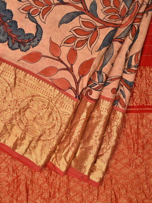 Peach and Red Kalamkari Hand Painted Kanchipuram Silk Handloom Saree with Floral Design KL0499