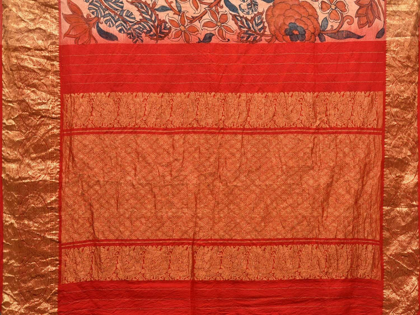 Peach and Red Kalamkari Hand Painted Kanchipuram Silk Handloom Saree with Floral Design KL0499