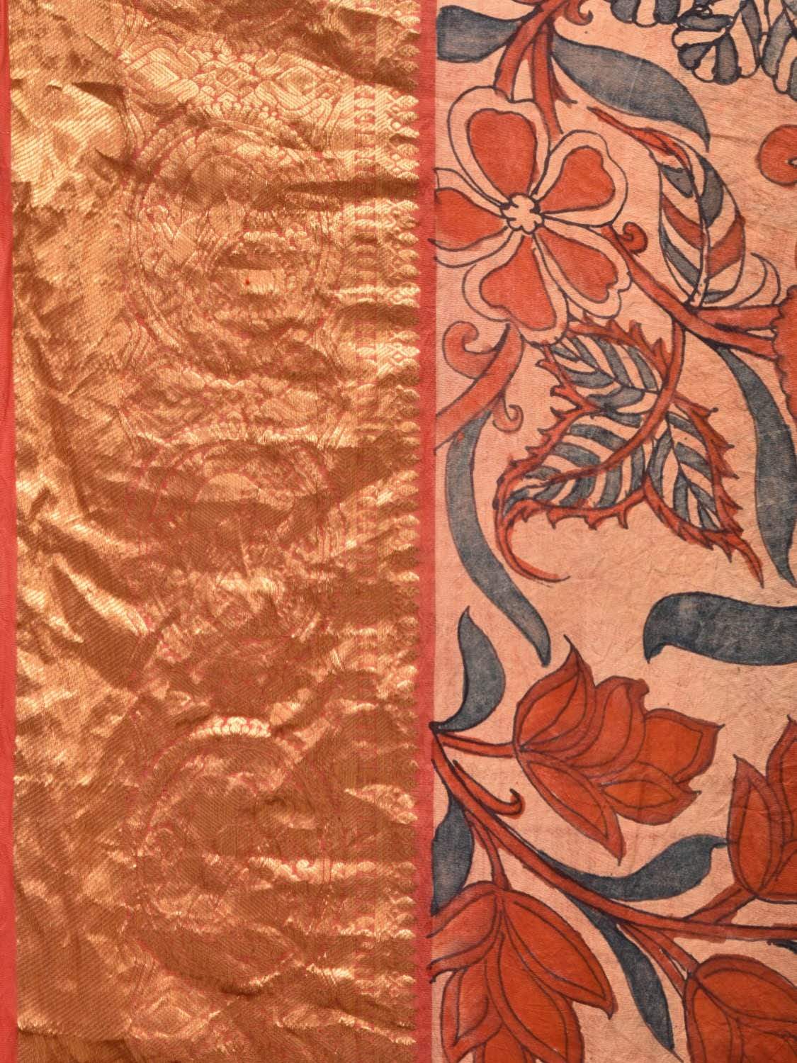 Peach and Red Kalamkari Hand Painted Kanchipuram Silk Handloom Saree with Floral Design KL0499