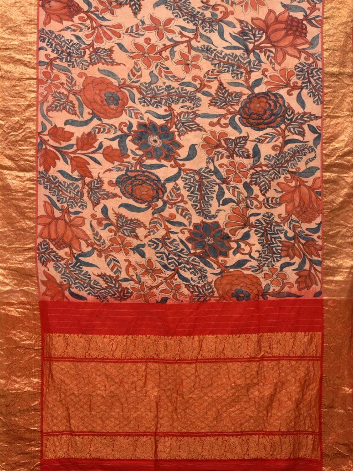 Peach and Red Kalamkari Hand Painted Kanchipuram Silk Handloom Saree with Floral Design KL0499