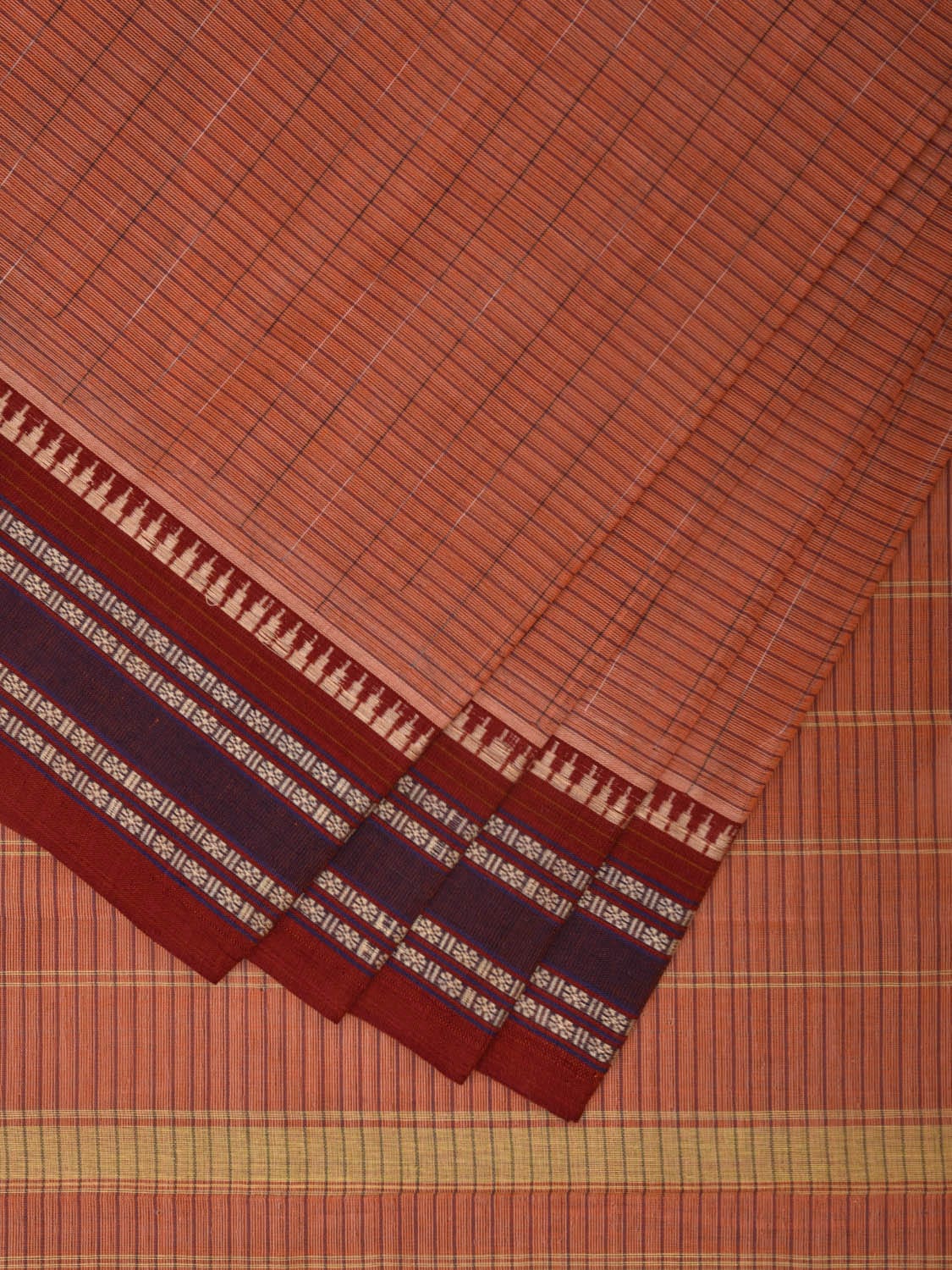 Peach and Red Narayanpet Cotton Handloom Saree with Checks Design No Blouse np0914