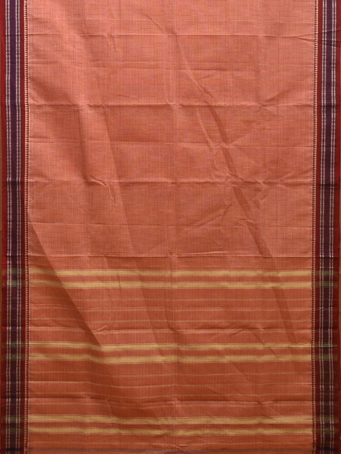 Peach and Red Narayanpet Cotton Handloom Saree with Checks Design No Blouse np0914