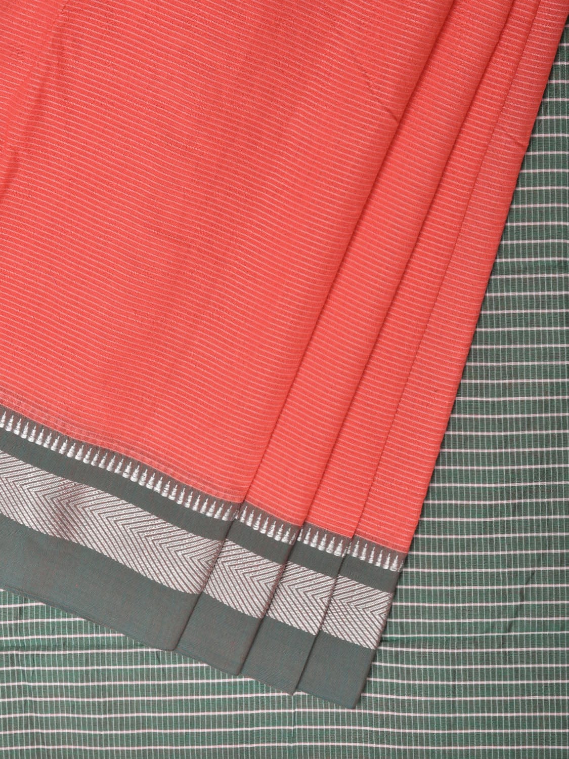 Peach and Sea Green Bamboo Cotton Saree with Strips Design No Blouse bc0234
