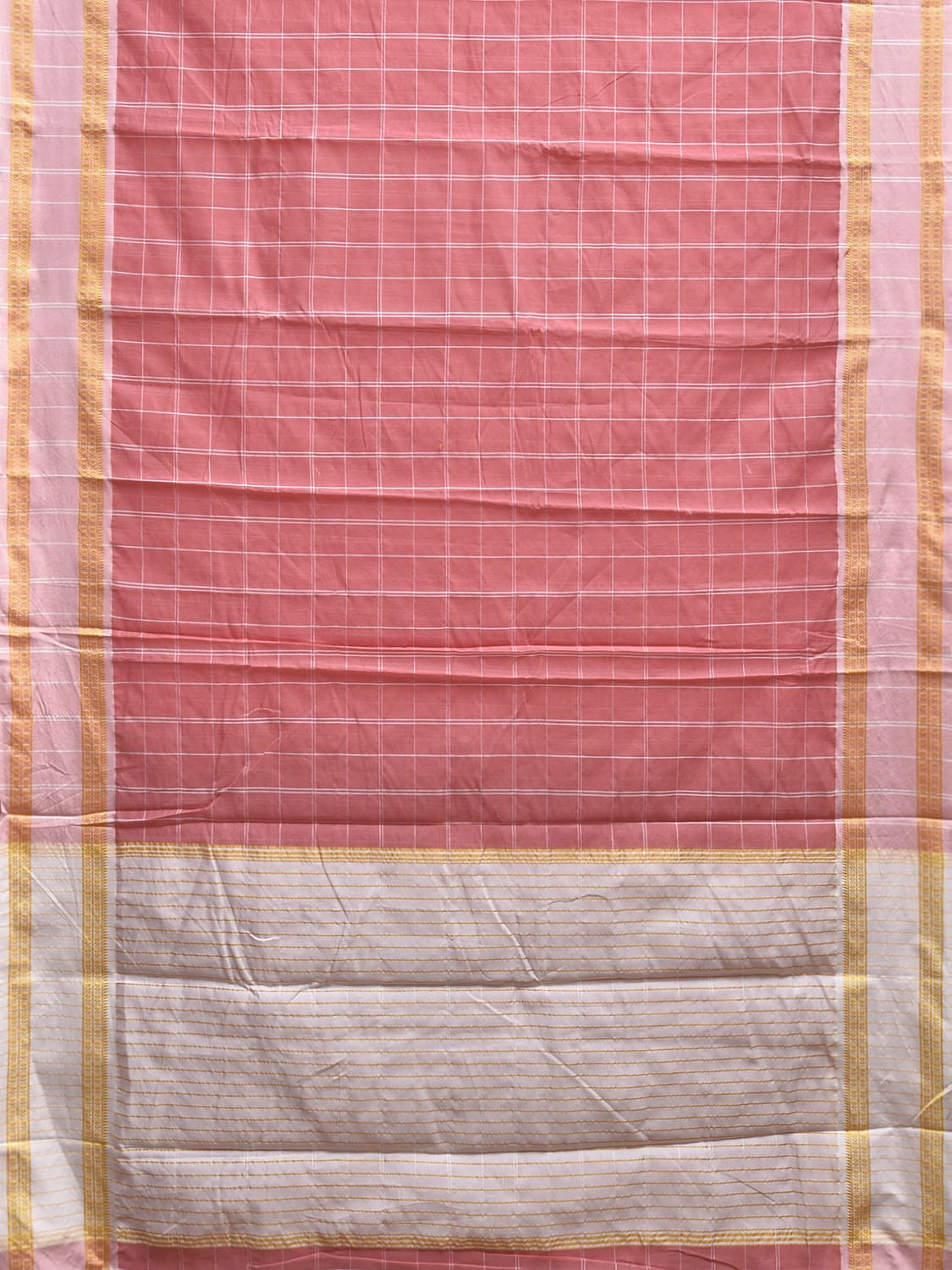 Peach and White Bamboo Cotton Saree with Big Checks Design No Blouse bc0831
