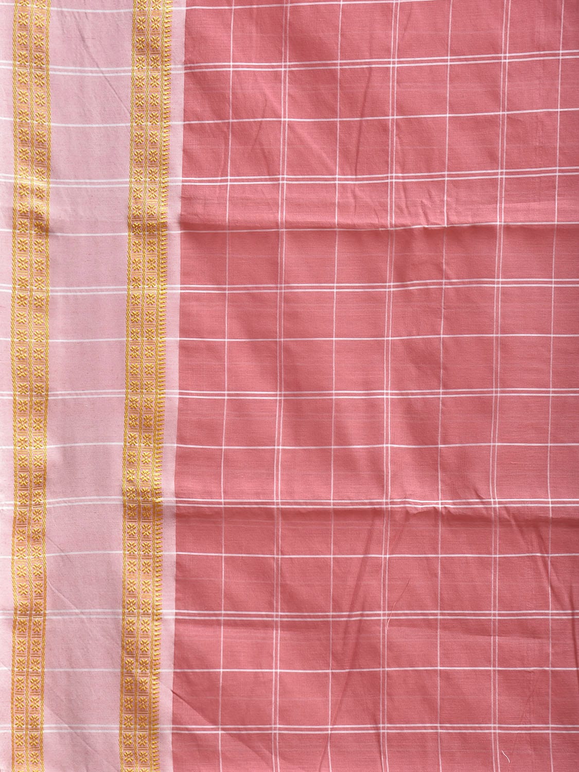 Peach and White Bamboo Cotton Saree with Big Checks Design No Blouse bc0831