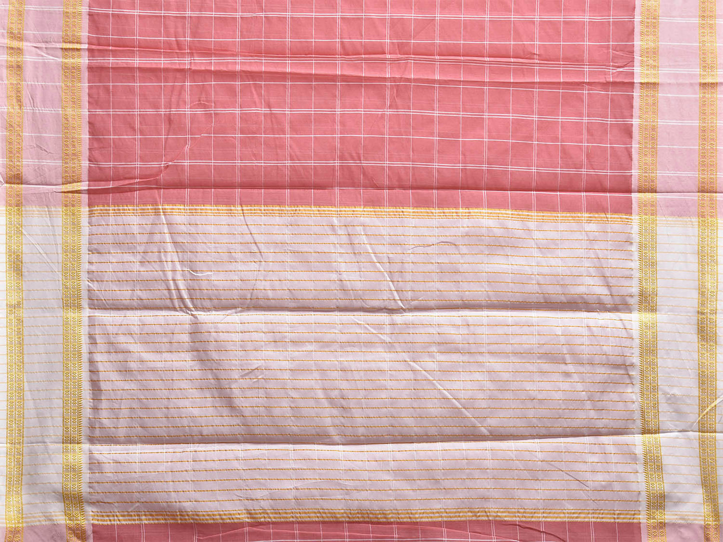 Peach and White Bamboo Cotton Saree with Big Checks Design No Blouse bc0831