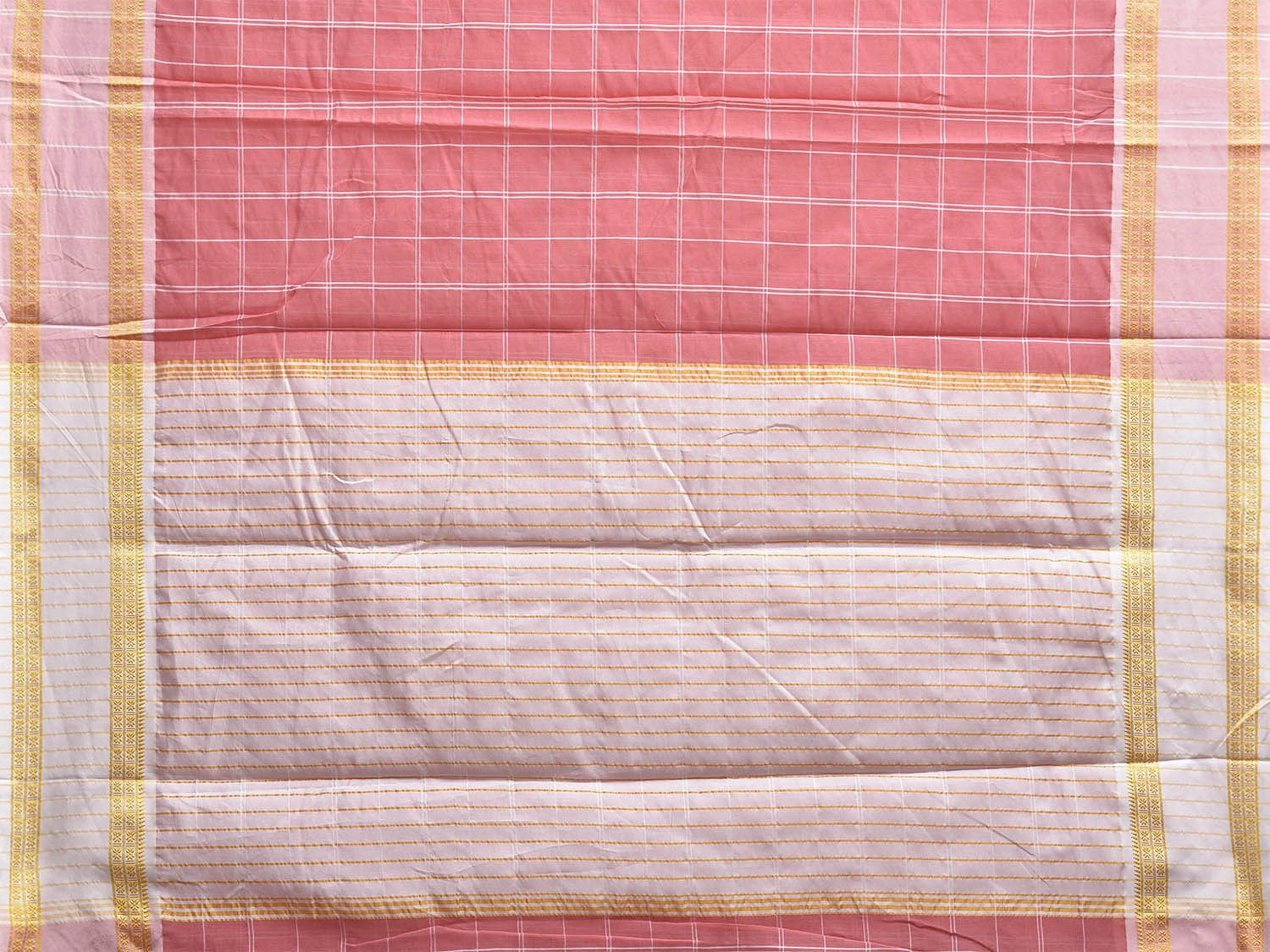 Peach and White Bamboo Cotton Saree with Big Checks Design No Blouse bc0831