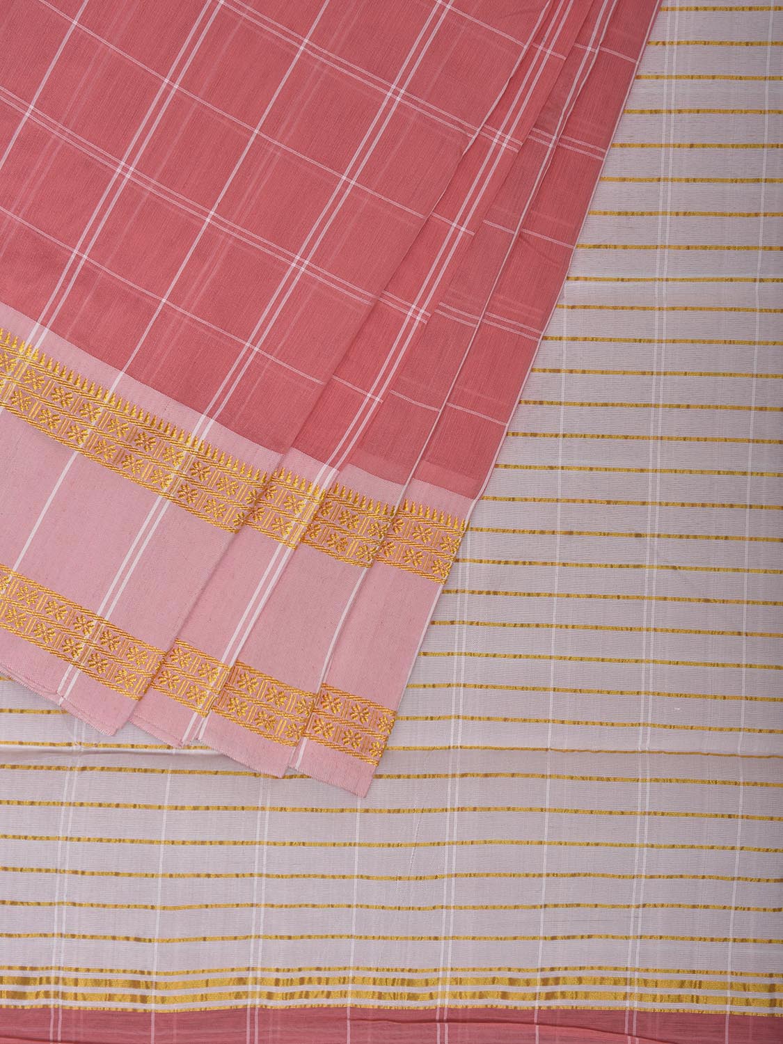 Peach and White Bamboo Cotton Saree with Big Checks Design No Blouse bc0831