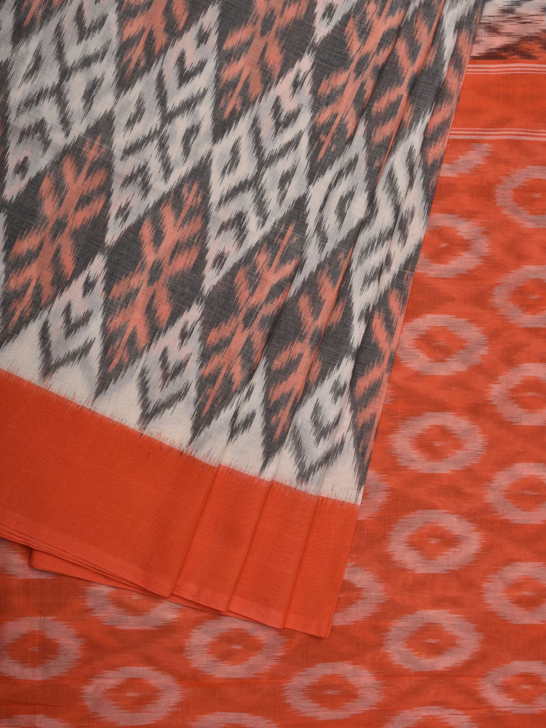 Peach and White Pochampally Ikat Cotton Handloom Saree with Grill Design i0685