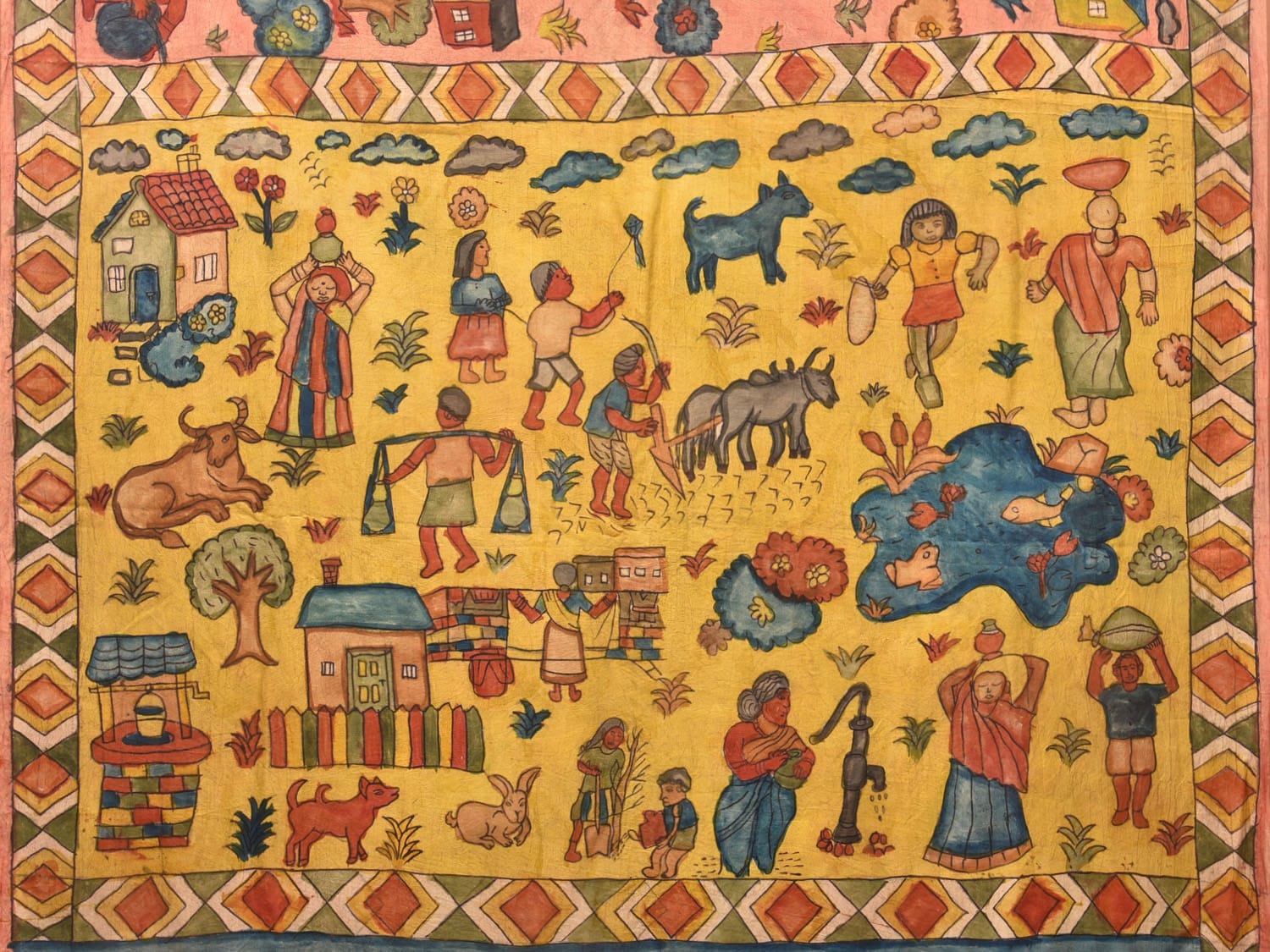 Peach and Yellow Kalamkari Hand Painted Sico Saree with Village Theme Design KL0731