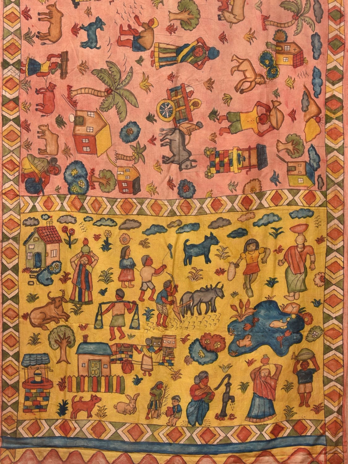 Peach and Yellow Kalamkari Hand Painted Sico Saree with Village Theme Design KL0731