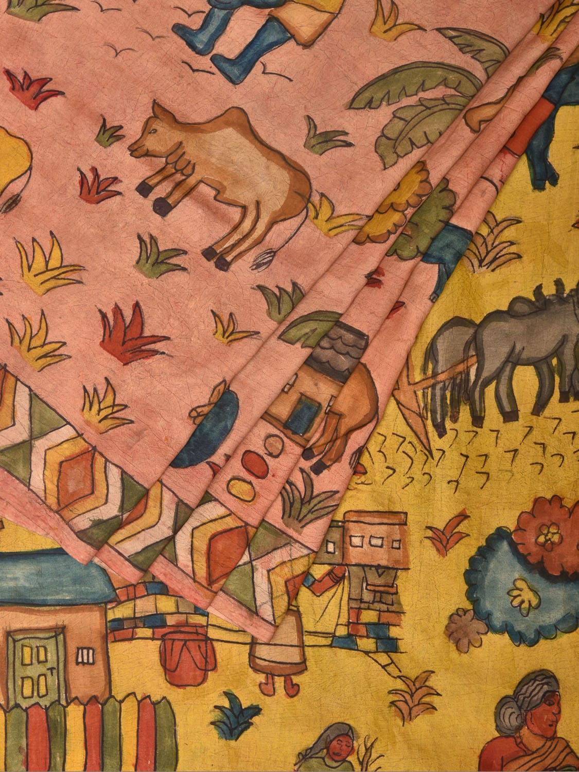 Peach and Yellow Kalamkari Hand Painted Sico Saree with Village Theme Design KL0731