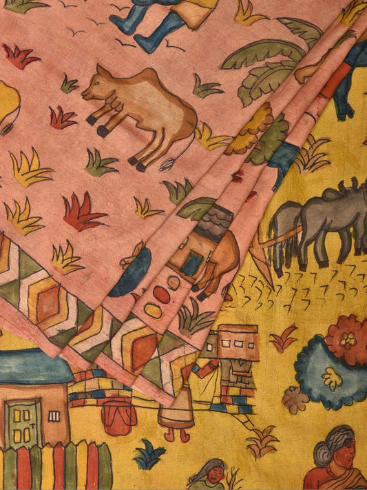 Peach and Yellow Kalamkari Hand Painted Sico Saree with Village Theme Design KL0731