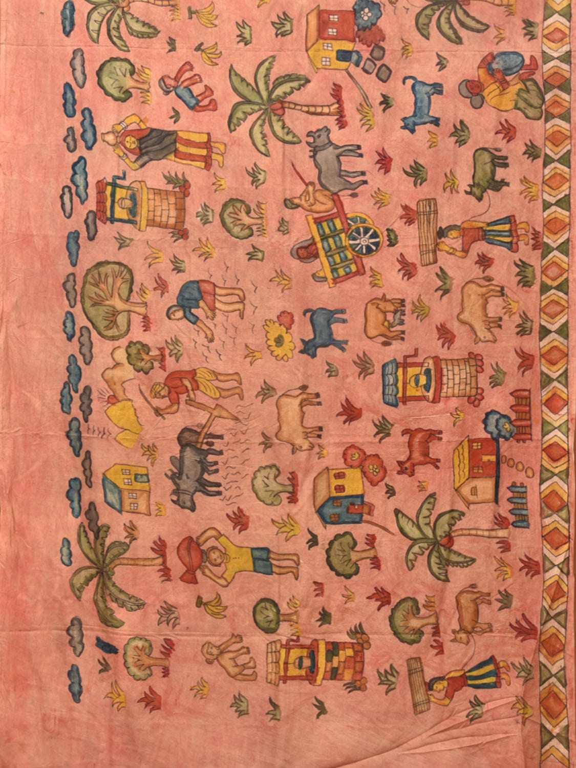 Peach and Yellow Kalamkari Hand Painted Sico Saree with Village Theme Design KL0731