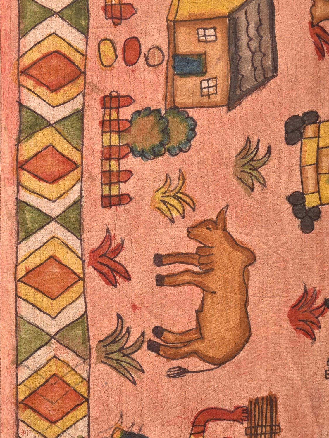 Peach and Yellow Kalamkari Hand Painted Sico Saree with Village Theme Design KL0731