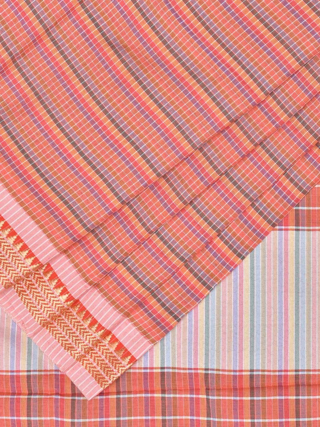 Peach Bamboo Cotton Plain Saree with Checks Design No Blouse bc0208