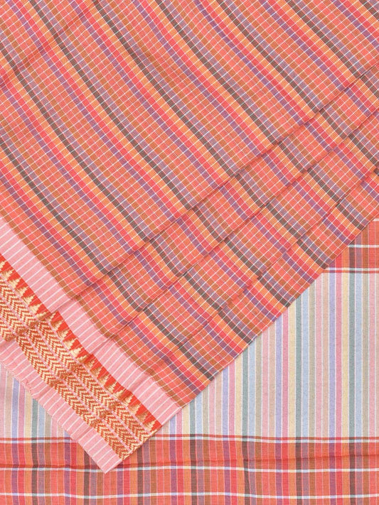 Peach Bamboo Cotton Plain Saree with Checks Design No Blouse bc0208
