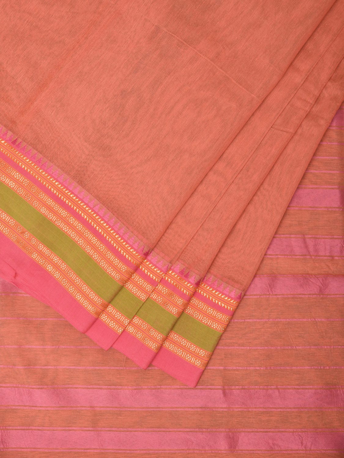 Peach Bamboo Cotton Plain Saree with Narayanpet Border Design bc0135