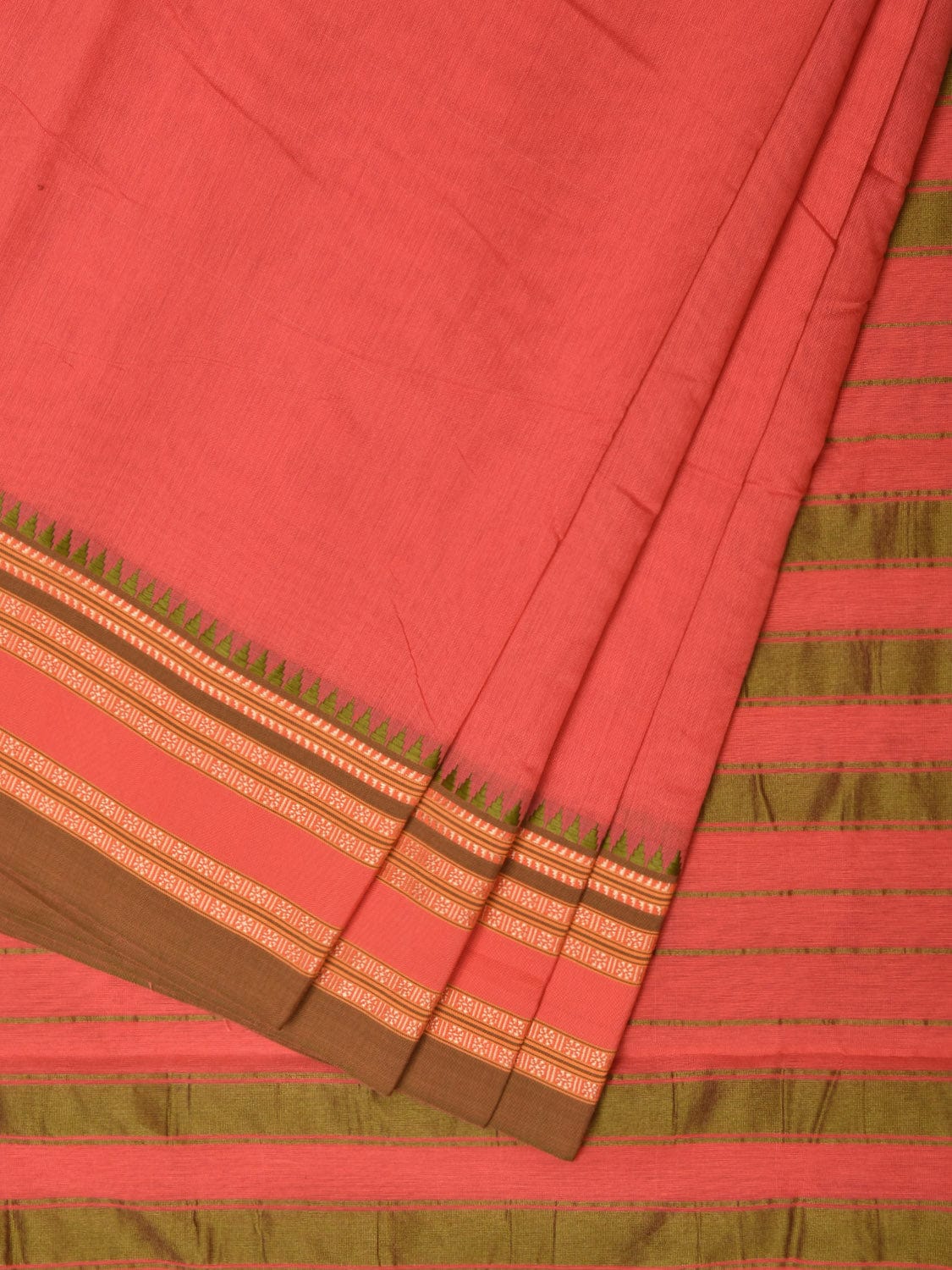 Peach Bamboo Cotton Plain Saree with Strips Pallu Design No Blouse bc0265