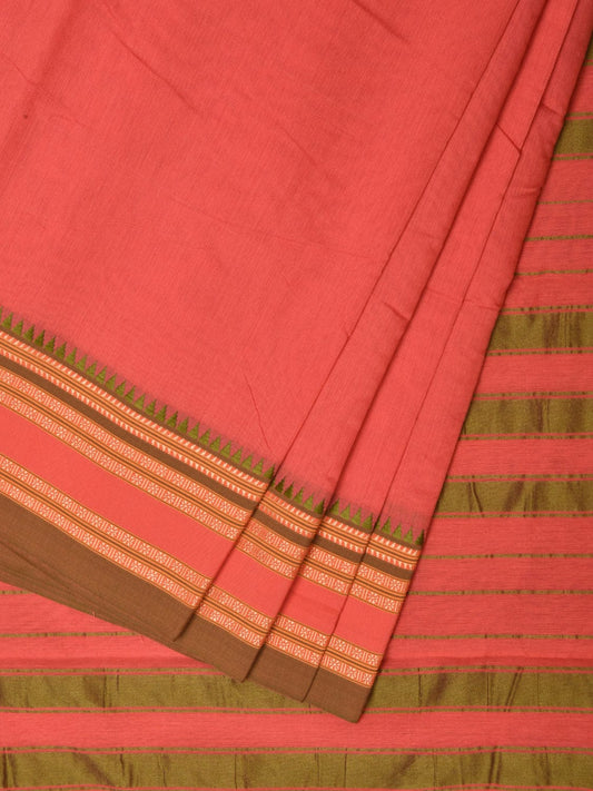 Peach Bamboo Cotton Plain Saree with Strips Pallu Design No Blouse bc0265