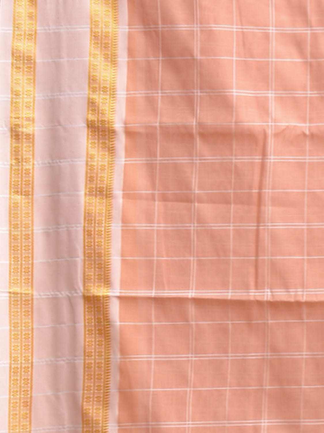 Peach Bamboo Cotton Saree with Big Checks Design No Blouse bc0797