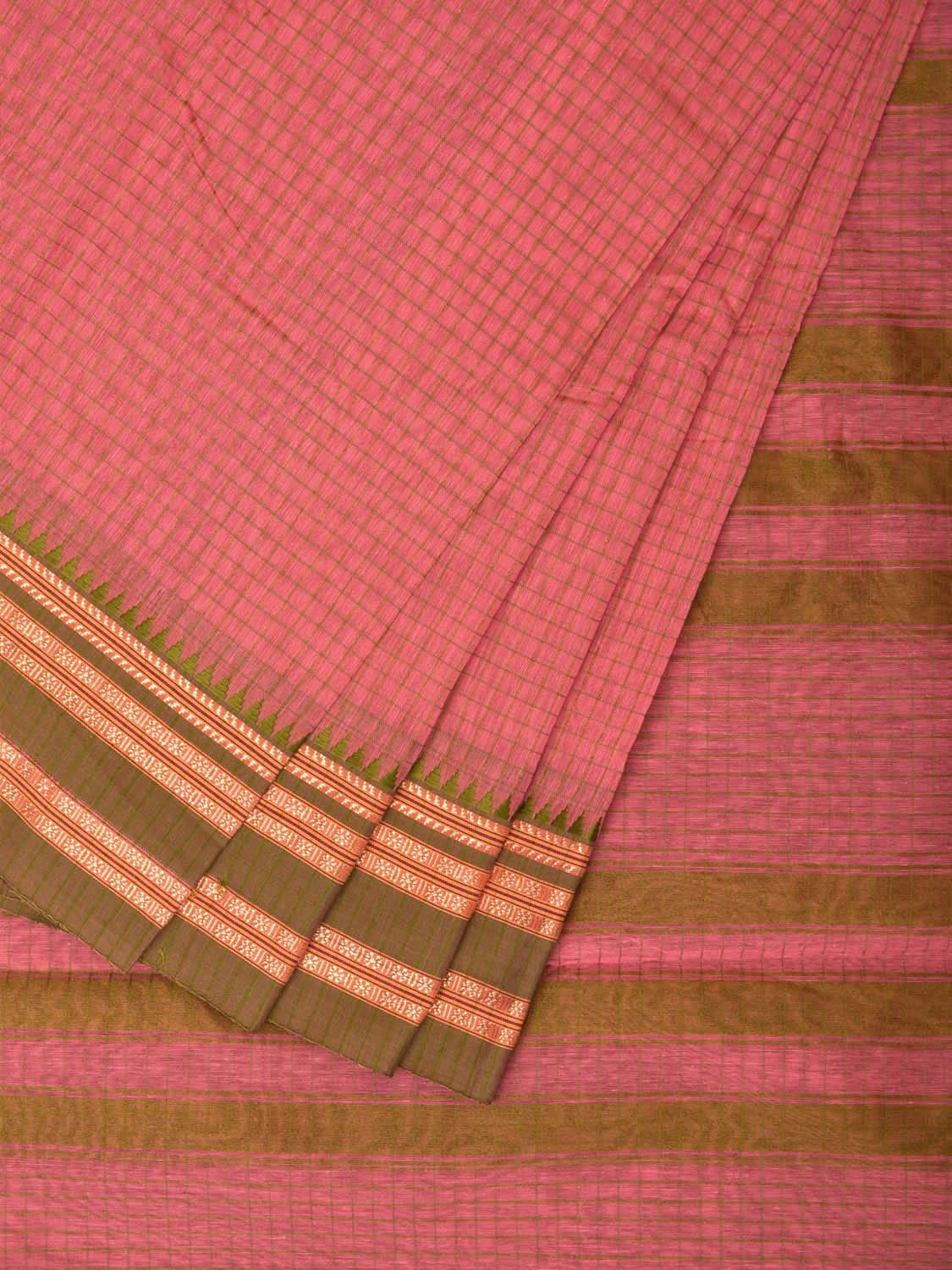 Peach Bamboo Cotton Saree with Checks Design bc0088