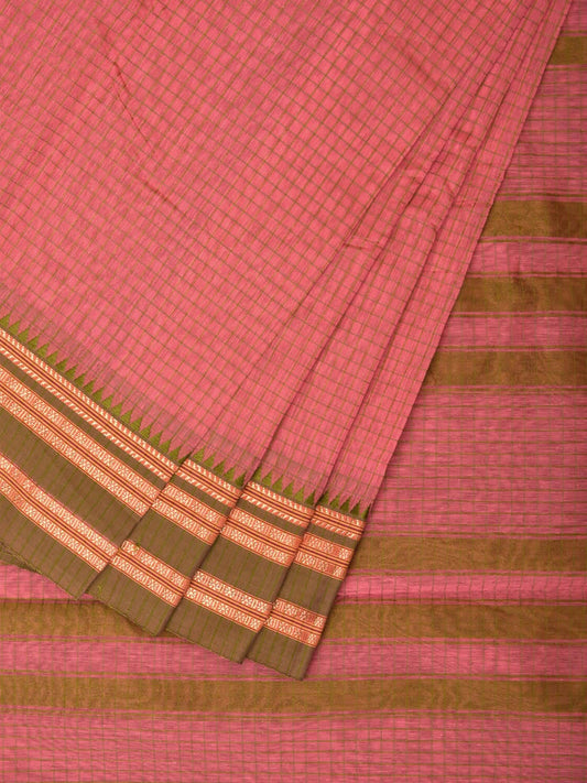 Peach Bamboo Cotton Saree with Checks Design bc0088