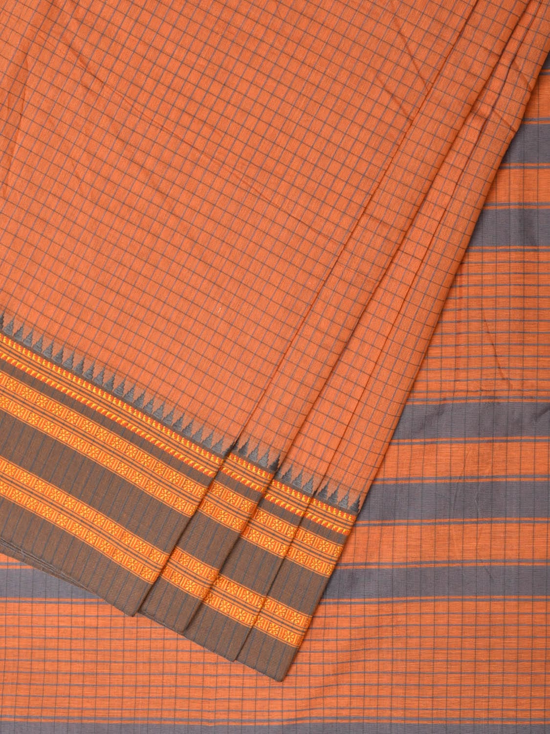 Peach Bamboo Cotton Saree with Checks Design No Blouse bc0225