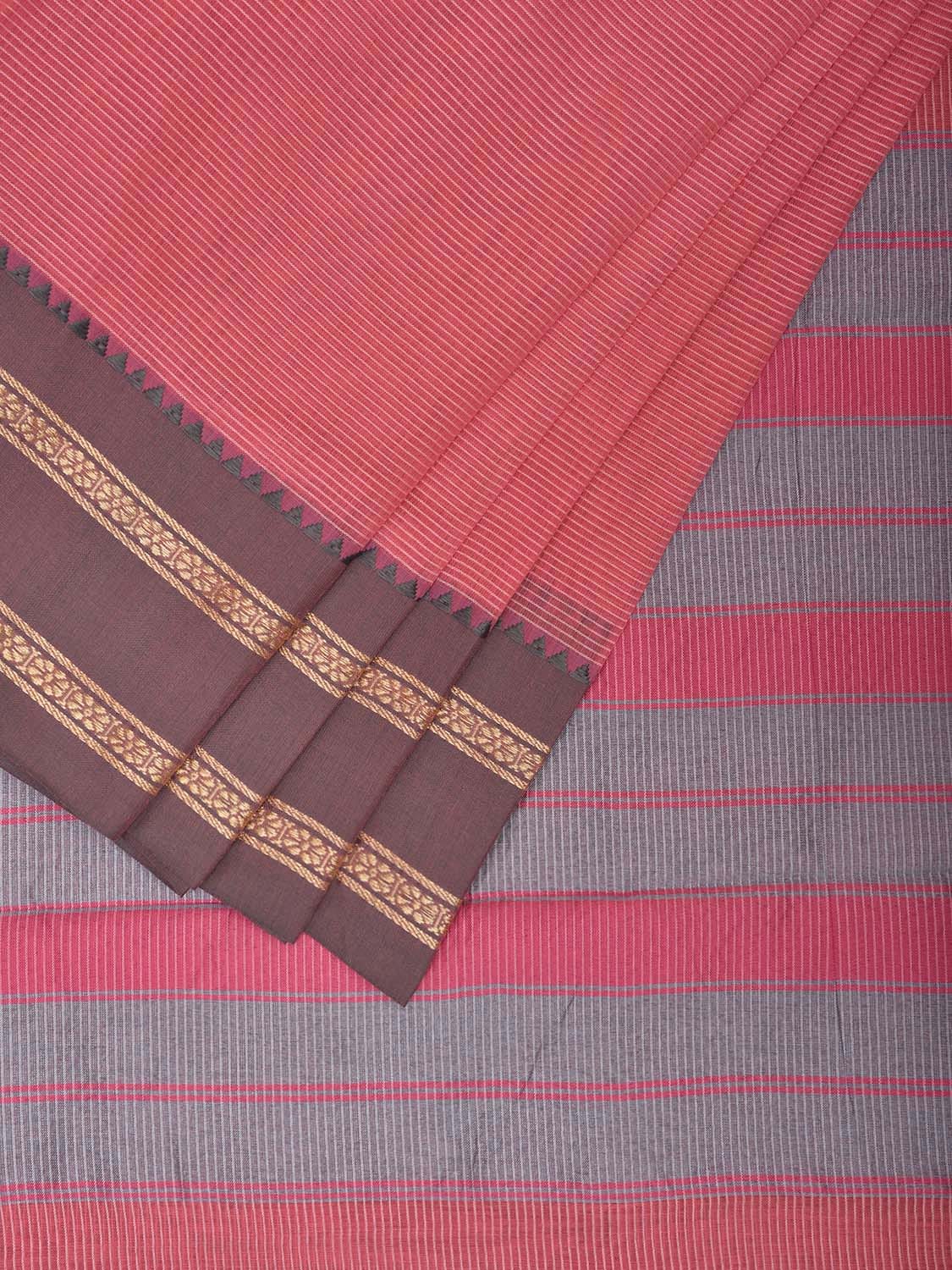 Peach Bamboo Cotton Saree with Strips and Ganga-Jamuna Border Design No Blouse bc0754