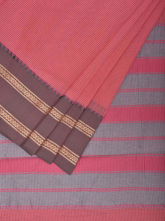 Peach Bamboo Cotton Saree with Strips and Ganga-Jamuna Border Design No Blouse bc0754