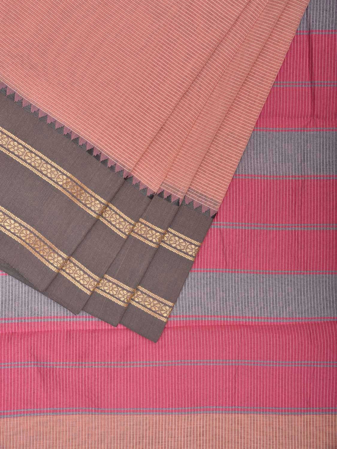 Peach Bamboo Cotton Saree with Strips and Ganga-Jamuna Border Design No Blouse bc0765