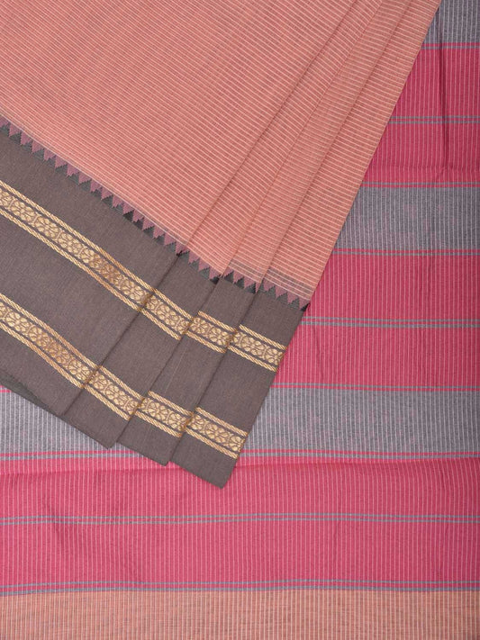 Peach Bamboo Cotton Saree with Strips and Ganga-Jamuna Border Design No Blouse bc0765