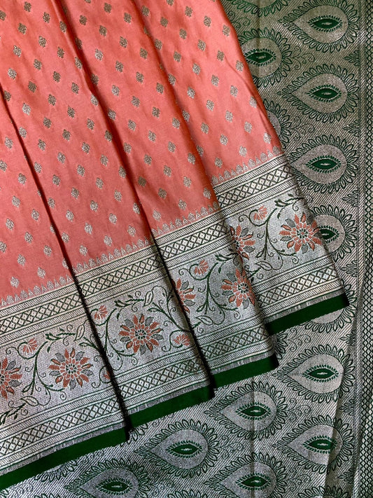 Peach Banaras Katan Silk Saree with Body Butti and Stone Work Design b0415ds