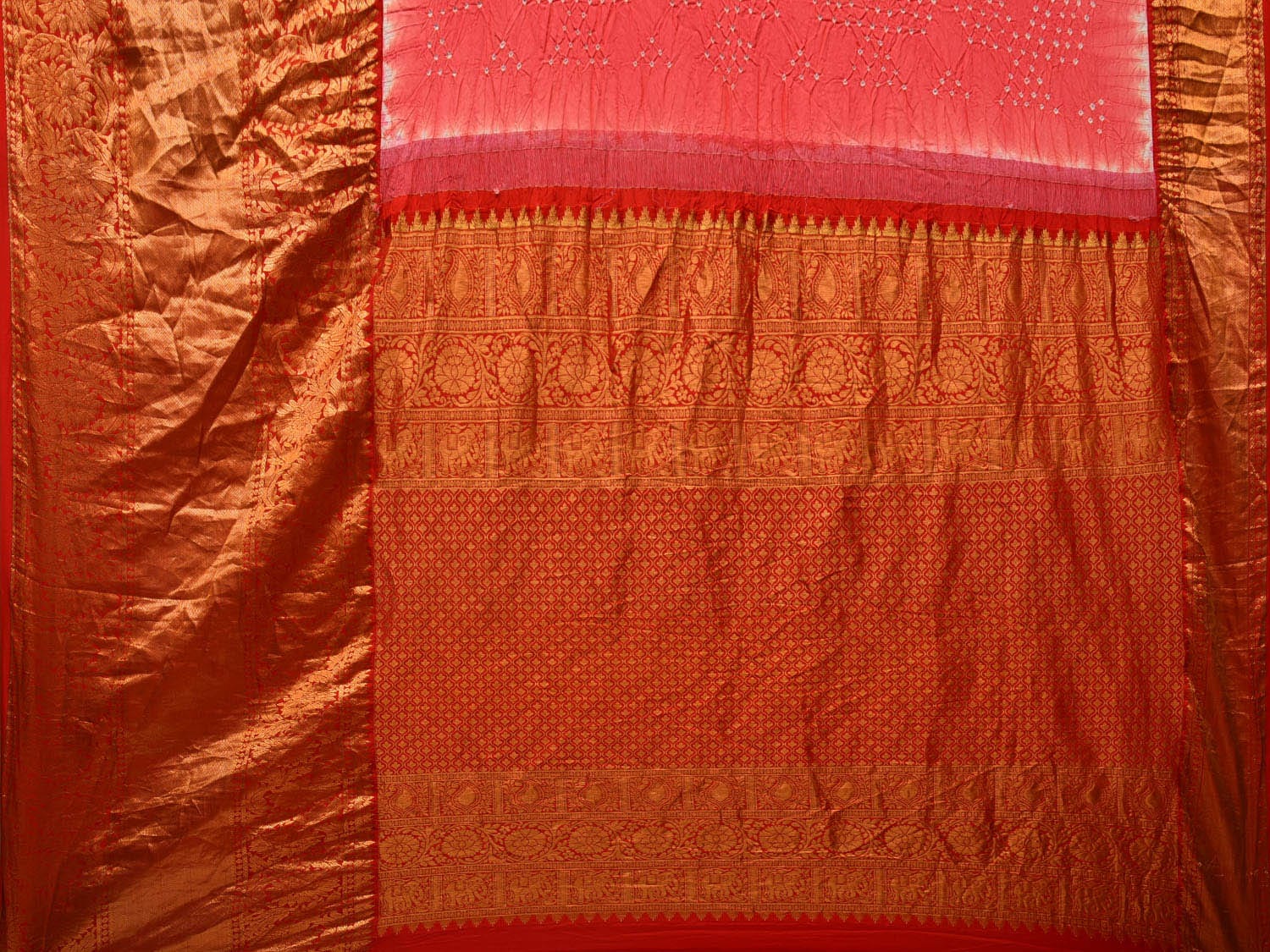 Peach Bandhani Kanchipuram Silk Handloom Saree with Border Design bn0420