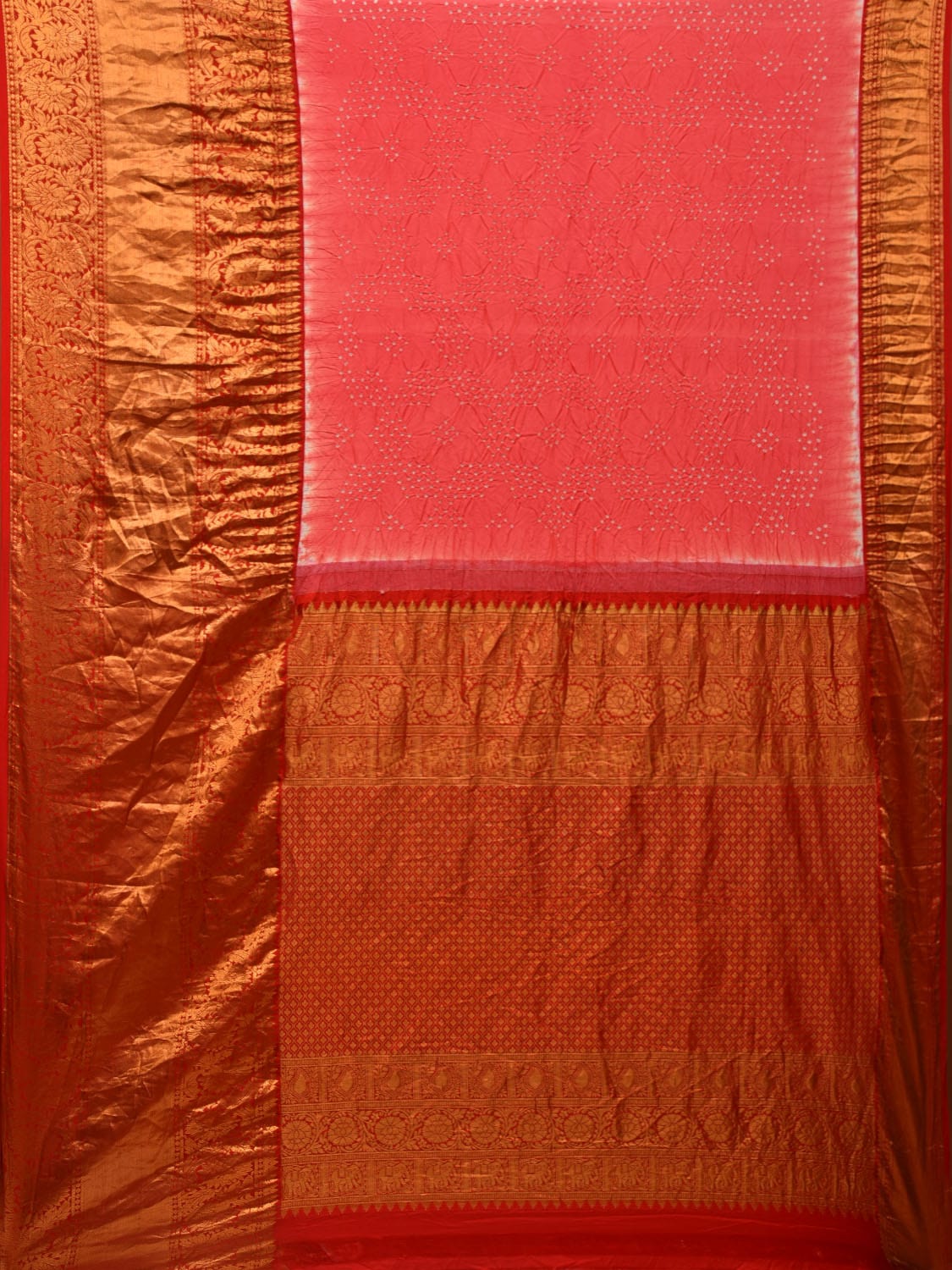 Peach Bandhani Kanchipuram Silk Handloom Saree with Border Design bn0420