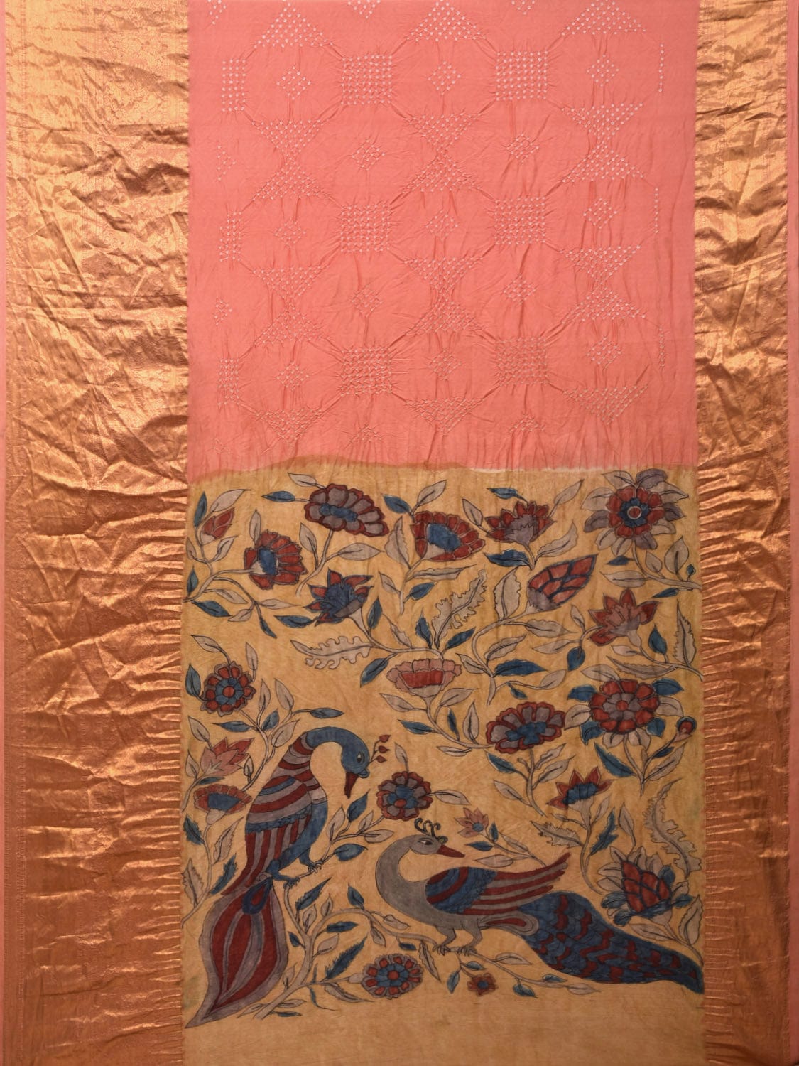 Peach Bandhani Kanchipuram Silk Handloom Saree with Kalamkari Hand Painted Pallu and Blouse Design bn0402